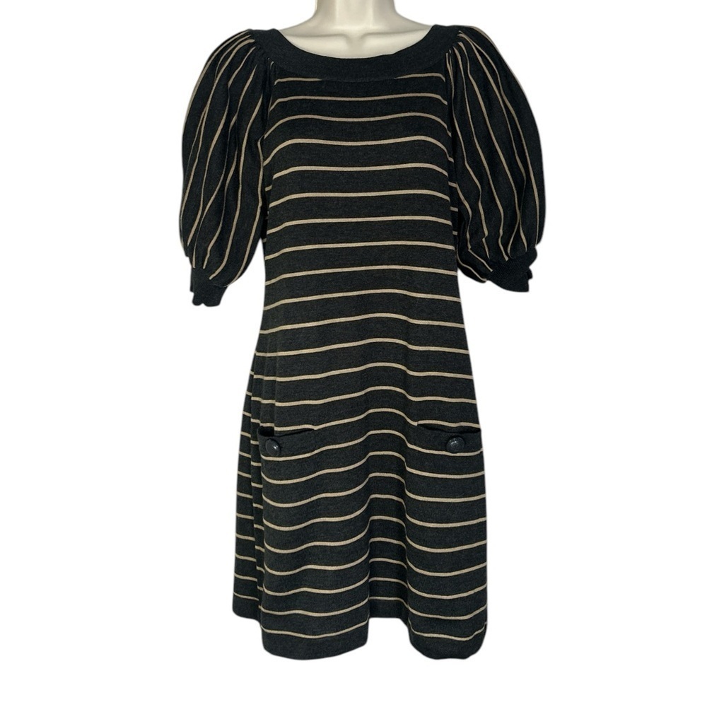 Coldwater Creek Black and Tan Puff Sleeve Midi Dress Sz S/8